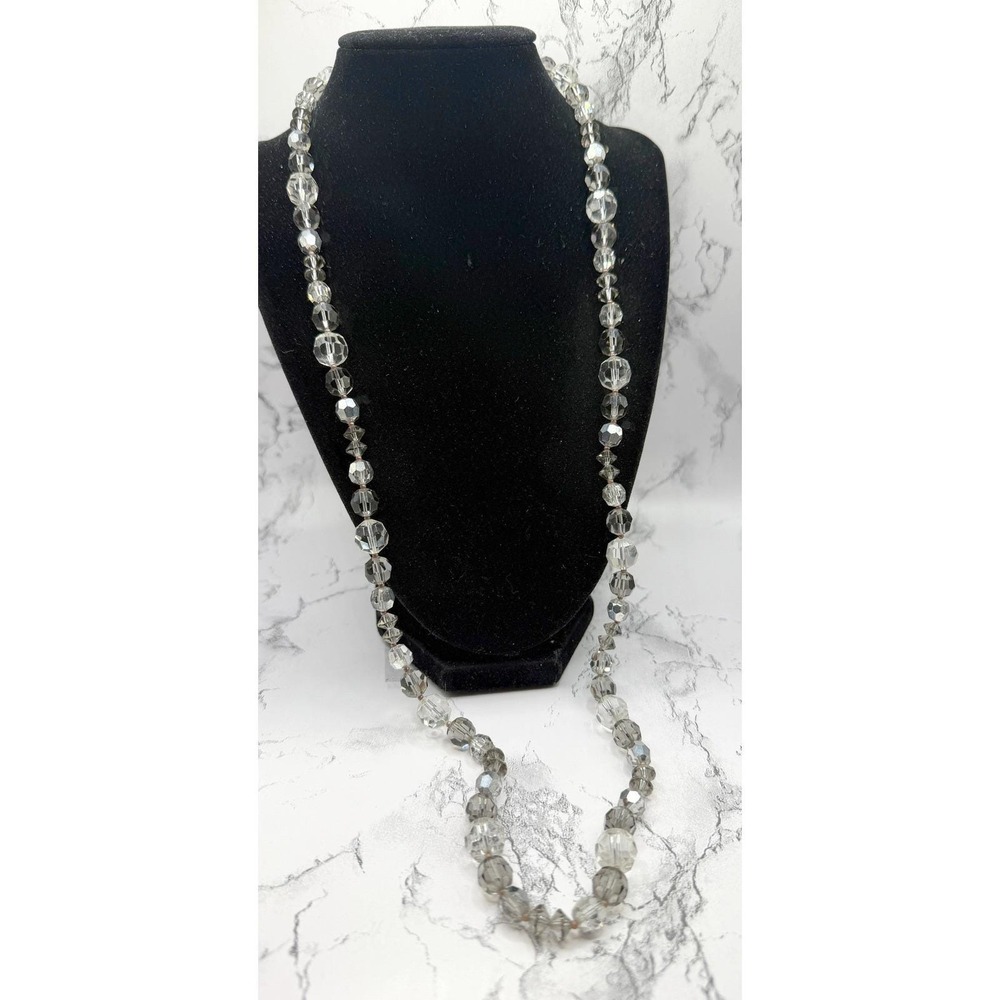 Elegant Vintage Smoky Gray White Faceted Glass Necklace 30" Rhinestone Clasp